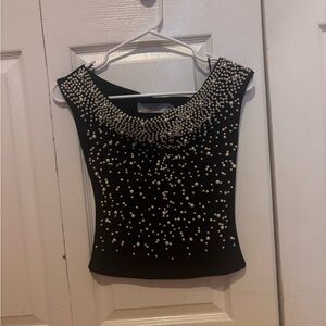 Chic Black Pearl-Studded Women's Tank Top